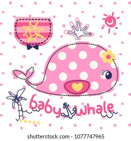 Cute cartoon whale with pocket on polka dot background illustration vector, t-shirt print design.
