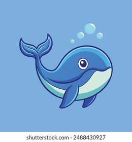 Cute cartoon Whale. Postcard with Blue Whale and text. Vector illustration of Whale. Sea animal, sea creature. Kids illustration in cartoon style