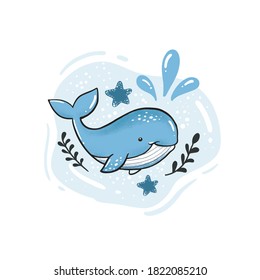 Cute cartoon whale poster. hand drawn ocean animal