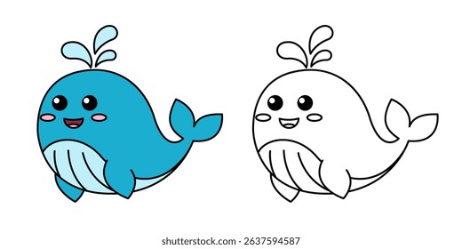 Cute cartoon whale releases a fountain of water. Black and white vector illustration for kids coloring book with example in color