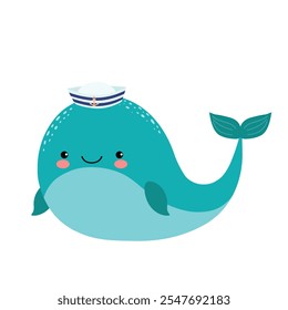 Cute cartoon whale in a sailor's cap.