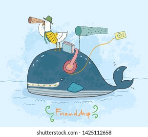 Cute cartoon whale and seagull travelling together as friendship.Hand drawn vector design for kids and nursery print as wall art ,card ,poster,postcard ,phonecase,t shirt,fabric and textile