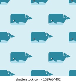 Cute cartoon whale seamless pattern vector background. Lovely cartoon whale on pastel blue background.