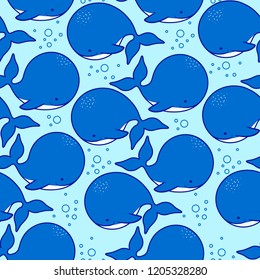 Cute cartoon whale seamless pattern. Marine collection. Vector illustration
