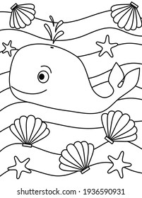 cute cartoon whale, seashell and starfish black and white vector illustration for coloring art