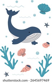 Cute cartoon whale with seashells and coral. Fun marine cartoon design perfect for children’s decor, nursery prints, or summer-themed projects