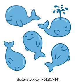 Cute cartoon whale set, different poses. Isolated hand drawn vector illustration.