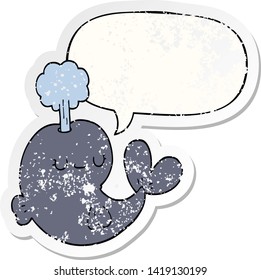 cute cartoon whale with speech bubble distressed distressed old sticker
