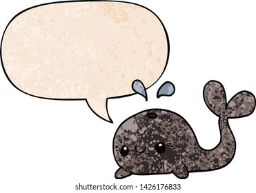 ballena de dibujos animados adorable con burbuja de voz en estilo de textura retro