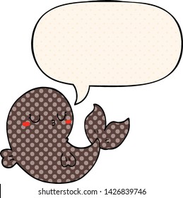 cute cartoon whale with speech bubble in comic book style