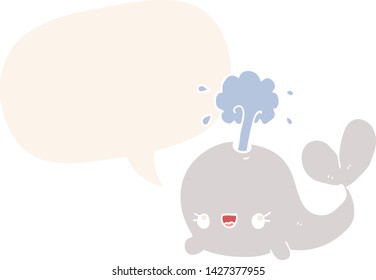ballena de dibujos animados adorable con burbuja de habla en estilo retro