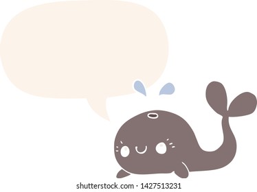 cute cartoon whale with speech bubble in retro style