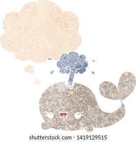 cute cartoon whale with thought bubble in grunge distressed retro textured style