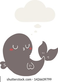 cute cartoon whale with thought bubble in retro style