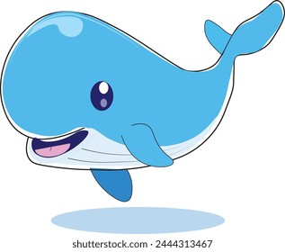 Cute cartoon ,Cute whale cartoon vector icon illustration. animal nature icon concept isolated vector. flat cartoon style, happy ,funny cheerful blue color whale cartoon vector, it's eye is blackish .