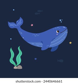 Cute cartoon whale, vector illustration on the background of the underwater world