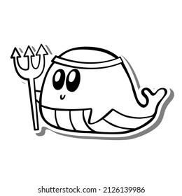 Cute cartoon Whale Warrior holding a trident and wearing a tiara Monochrome. Doodle on white silhouette and gray shadow. Vector illustration about aquatic animals for any design.