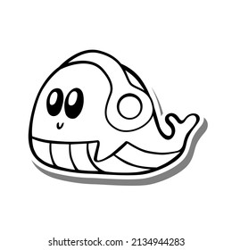 Cute cartoon Whale wearing Headphone Monochrome. Doodle on white silhouette and gray shadow. Vector illustration about aquatic animals for any design.