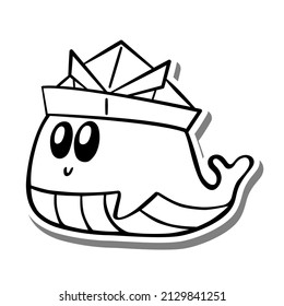 Cute cartoon Whale wearing Origami Hat Monochrome. Doodle on white silhouette and gray shadow. Vector illustration about aquatic animals for any design.
