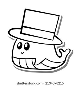 Cute cartoon Whale wearing Top Hat Monochrome. Doodle on white silhouette and gray shadow. Vector illustration about aquatic animals for any design.
