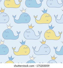 Cute cartoon whales in crowns seamless pattern