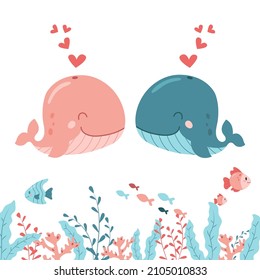 Cute cartoon whales in love with hearts. Graphic for Valentine`s Day cards. Vector illustration