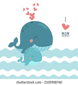 Cuta caricatura de ballenas madre y bebé con corazones rosados. Amo a mamá. Ilustración vectorial, aislada en un fondo blanco. 