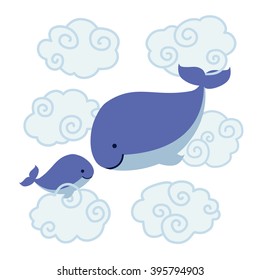 Cute cartoon whales - mother and baby  in clouds isolated on white background. Vector illustration.