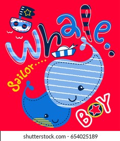 Cute cartoon whales with sailor theme on the sea isolated on red background illustration vector, t-shirt print design.