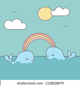 cute cartoon whales in the sea with rainbow funny summer vector illustration