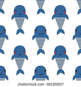 Cute cartoon whales seamless pattern. Vector baby animals background for kids. Child drawing style cartoon underwater illustration. Design for fabric, textile, decor.