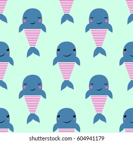 Cute cartoon whales seamless pattern on mint green background. Vector baby animals background for kids. Child drawing style cartoon underwater illustration. Design for fabric, textile, decor.