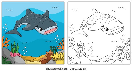 cute cartoon whaleshark, funny illustration, coloring book for kids and children.