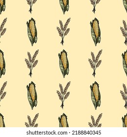 Cute cartoon wheat bundles and corn ears doodles seamless border pattern. Agriculture vector repeatable background texture tile. Cozy template of stock print for wrapping design, wallpaper