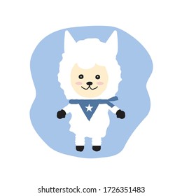 Cute cartoon white alpaca standing and feel happy. Kawaii, Childish drawing style.