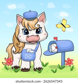 A cute cartoon white baby horse postman with a blue bag and hat stands next to the mailbox. Vector illustration of an animal in nature.