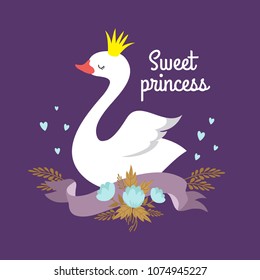 Cute cartoon white baby swan princess vector graphics for poster or girl t-shirt. Illustration of bird, sweet princess card or poster