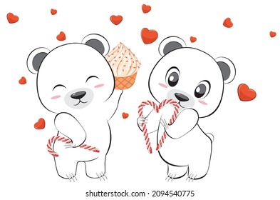 Cute cartoon white bear couple in love with hearts illustration.