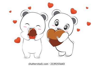 Cute cartoon white bear couple in love with hearts illustration.