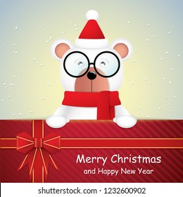 Cute cartoon white bear and gift card for winter season.