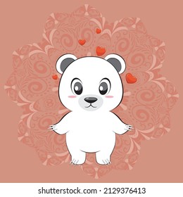 Cute cartoon white bear with hearts greeting card illustration.