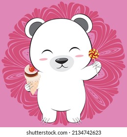 Cute cartoon white bear with hearts greeting card illustration.