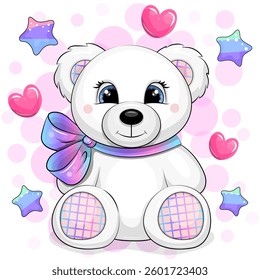 Urso branco de desenho animado bonito com arco-íris. Ilustração do vetor animal em um fundo rosa com estrelas e corações.
