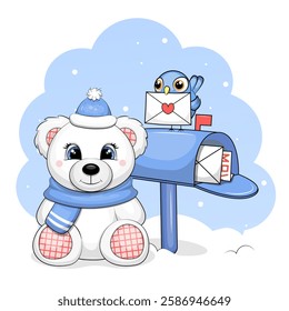 A cute cartoon white bear sits next to the mailbox with blue bird and love letter. Christmas vector illustration on a blue background with snow.