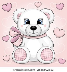 Cute cartoon white bear toy with pink bow and hearts. Vector illustration of an animal on a pink background.