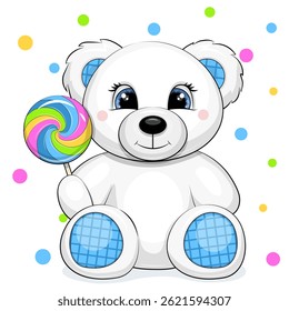 Cute cartoon white bear toy with a big lollipop. Vector illustration of an animal on a white background with colorful dots.