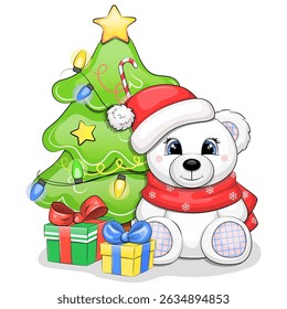 A cute cartoon white bear toy in a Santa's hat and a red scarf sits next to the Christmas tree. New year animal vector illustration on white background.