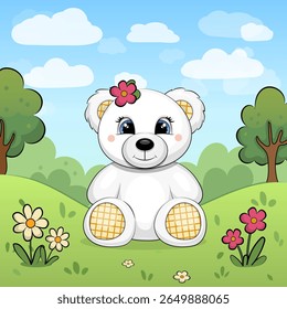 Cute Cartoon White Bear Toy in Nature. Vector illustration of an animal with red and white flowers, butterfly, grass and trees.