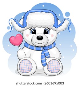 Lindo oso blanco de dibujos animados en sombrero azul de invierno con orejeras y caramelos en forma de calor. Ilustración vectorial de invierno sobre un fondo azul con nieve.