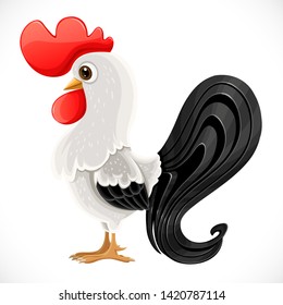 Cute cartoon white and black Rooster isolated on white background